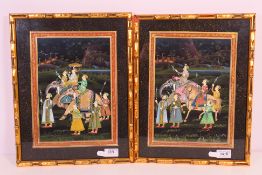 two Indo-Persian paintings on silk depicting noblemen on horseback and elephants in a landscape