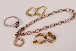 Lot to include a pair of yellow metal ear hoops (stamped 375),
