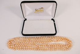 An extremely long cultured freshwater pearl necklace, total length approximately 250 cm.