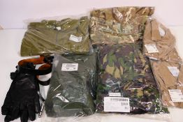 Military uniform to include men's khaki shirt, windproof combat smock (woodland),