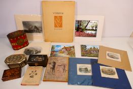 A collection of etchings and similar, book on Johannes Vermeer, vintage tins / boxes and other.