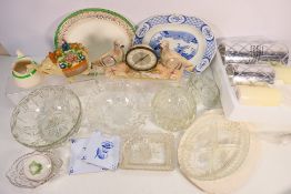 Ceramics and glassware to include Japanese novelty teapot, Jema mantel clock, bowls,