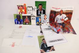A collection of signed photographic cards and similar of footballers managers including Gary Speed,