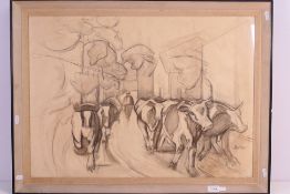 A framed picture in pencil depicting a figure driving cattle, signed lower right by the artist,