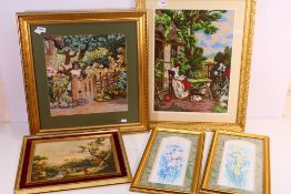 A collection of framed wall art including two embroideries, largest approximately 46 cm x 34 cm.