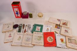 Lot to include vintage Beatrix Potter books, heart shaped trinket box,