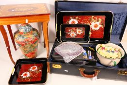 Lot to include a musical side table with inlaid decoration, enamel pots, electric wine opener,