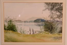 A watercolour landscape titled The Abtsdorfer See, depicting a lakeside scene in Bavaria,