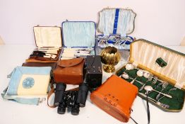Lot to include cased flatware, brass pedestal vase, camera,