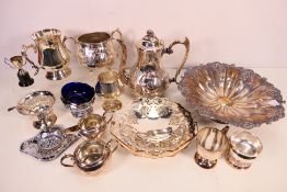 A collection of plated ware to include tankard, sugar bowl, milk jug and similar.