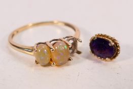 Lot to include a 9ct yellow gold ring set with opalescent stones (lacking one stone), size S,