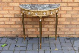 A gilt painted demi-lune console or side table with applied Limoges plaques,