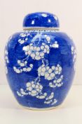 A Chinese blue and white ginger jar and cover, decorated with blossoming prunus,