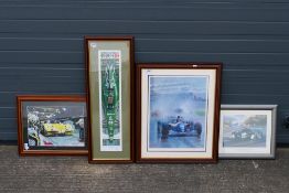 A collection of motorsport related prints including two limited editions comprising The Cat Is Back,