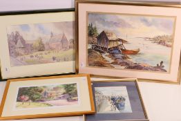 Four pictures to include a watercolour lakeside landscape scene and a watercolour and ink