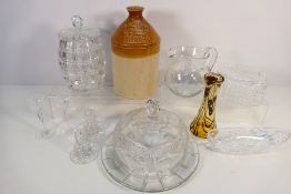 Lot to include glassware and a stoneware flagon H & S Jacobs Celebrated Oil, Aldgate.