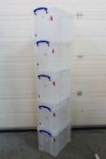 Five Really Useful clear storage boxes (19L x4 with 24L x1).
