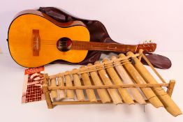 A Calung type bamboo xylophone and a Hi Spot acoustic guitar in soft case. [2].