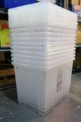 Ten 80L plastic storage boxes with lids.
