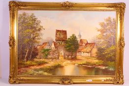 An oil on canvas landscape scene depicting a village beside water, signed lower right Nicol, framed,