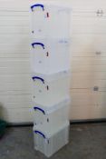 Five Really Useful 19L litre clear storage boxes.