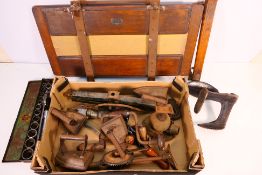Lot to include vintage hand tools, cast iron shoe last, irons and a vintage trouser press. [2].