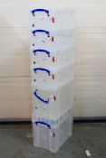 Six Really Useful clear storage boxes (2x19L with 4x 9L).