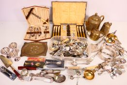 A quantity of plated and stainless flatware, part cased, plated ware and brass ware.