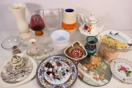 A collection of ceramics and glassware to include Carol Peevor studio pottery, a Sylvac dog figure,