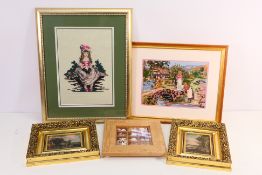 Two framed embroideries, a framed display of shells and similar and two ornately framed prints,