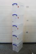 Five Really Useful 19L litre clear storage boxes.