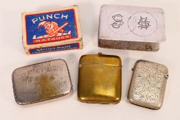 Lot to include a white metal matchbox cover, two vesta cases, one brass,