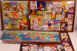 Four framed jigsaw puzzles depicting vintage advertising posters and similar to include Kellogg's,
