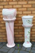 Two jardinieres and stands, one with floral decoration, largest approximately 90 cm (h). [2].