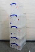 Five Really Useful clear storage boxes (2x35L, 2x18L and 1x19L).