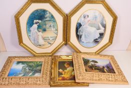 A collection of ornately framed prints, various image sizes.