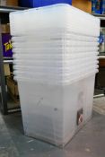 Nine 80L plastic storage boxes with lids.
