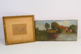 A late 19th century oil on canvas landscape scene, lakeside view of buildings,