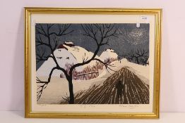 Shiro Takagi - A woodblock print depicting a single figure traversing a path in a snowy landscape,