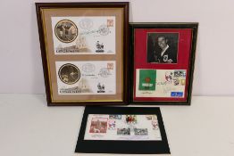 Four signed football related first day covers, two in framed displays comprising Sir Geoff Hurst,