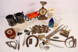 A mixed lot to include a quantity of coins, a Dinky Supertoys Leyland Tipper, Salters scales,