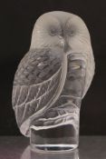 A Lalique frosted glass Chouette Owl, signed Lalique, France to the plinth, approximately 9 cm (h).