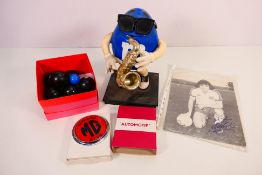 Lot to include carpet bowls, model of a blue M&M playing saxophone,