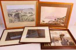 A collection of framed prints and similar including two William Monk pencil signed etchings,