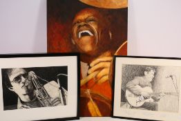 Three original pictures of jazz musicians comprising a charcoal image of Michael Brecker,