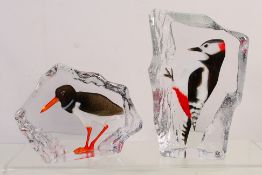 Mats Jonasson for Maleras - Two crystal paperweights with avian designs,