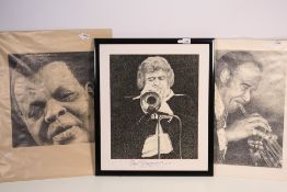 Three charcoal pictures of jazz musicians to include Maynard Ferguson,