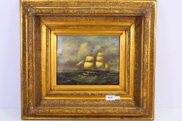 An ornately frame oleograph of a maritime scene, approximately 19 cm x 24 cm image size.