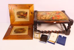 A mixed lot to include an antique footstool with turned supports and stretchers,