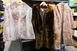 Three fur coats / jackets, no makers labels or size labels, largest approximately 105 cm (l).